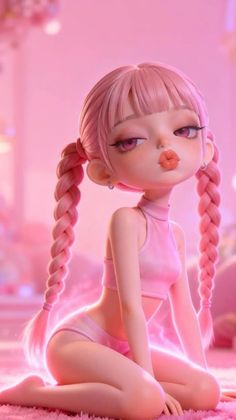3D render of a character with pink hair in twin braids and a pink outfit
