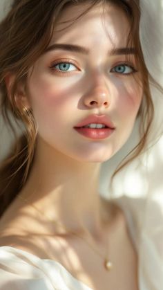 Close-up portrait of a woman with blue eyes and soft lighting