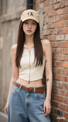 Woman with long hair wearing a crop top and jeans, leaning against a brick wall