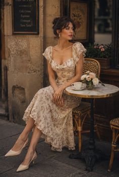 Woman in a floral dress sitting at an outdoor cafe table