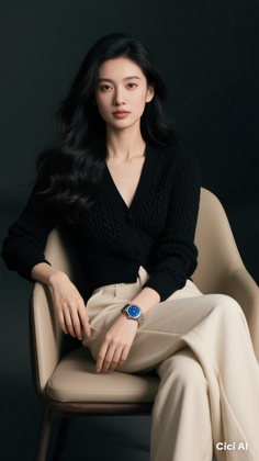 Woman with long black hair wearing a black cardigan and beige pants, sitting in a chair