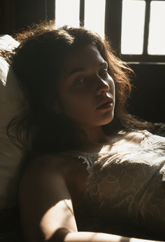 Woman with long hair in a lace top, dramatically lit by a window