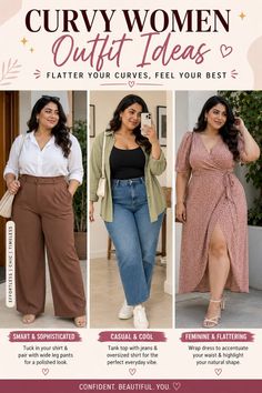 Three women showcasing different outfit ideas for curvy body types