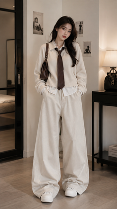 Woman in a white sweater, wide leg pants, and a brown tie standing indoors