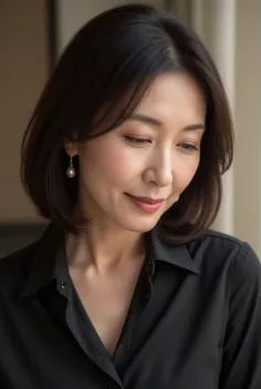 Woman with short dark hair and pearl earrings wearing a black shirt