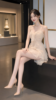 Woman in a short beige dress and high heels sitting indoors