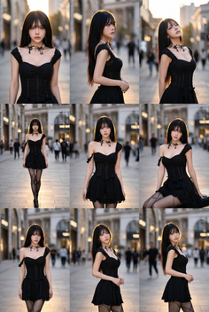 Woman in a black dress and stockings posing on a street at golden hour
