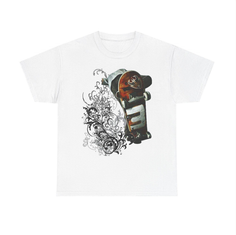 White t-shirt with a graphic print of a skateboard and ornate black designs
