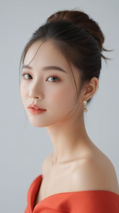 Woman with an updo hairstyle and bare shoulders wearing an off-shoulder dress