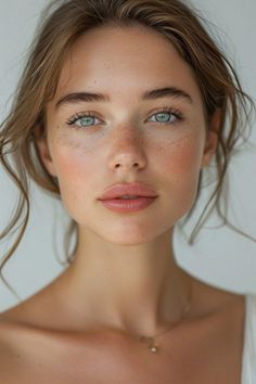 Woman with freckles and blue eyes in a close-up portrait with soft lighting