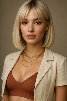 Woman with blonde bob hair and layered necklaces wearing a cropped jacket and brown top