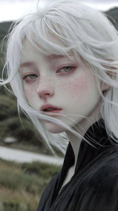 Realistic portrait of a person with white hair and freckles, wearing black clothing outdoors