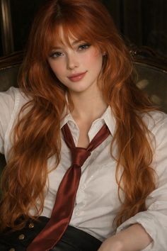 Woman with long red hair wearing a white shirt and red tie