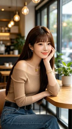 Woman with long hair wearing an off-shoulder top and jeans in a cafe