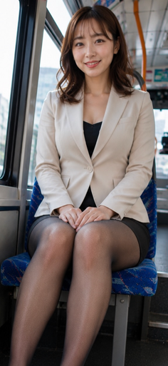 Woman in a blazer and mini skirt sitting on a bus, smiling at the camera
