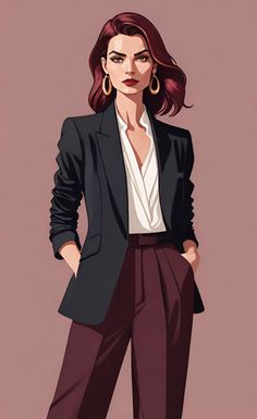 Illustration of a woman with red hair wearing a black blazer and maroon pants