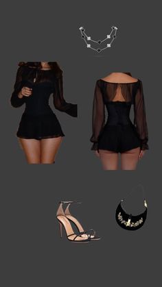 Black romper with sheer sleeves and corset top, paired with heels and accessories
