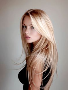 Woman with long blonde hair and green eyes in a black top