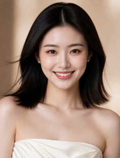 Woman with short black hair and bare shoulders smiling at the camera