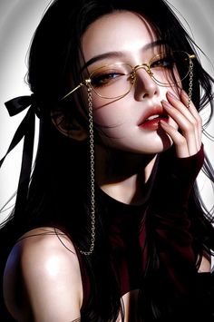 Illustration of a woman with long black hair and gold glasses, touching her lips