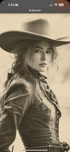 Woman in a cowboy hat and western attire with long hair, in sepia tone