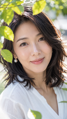 Woman with short dark hair and pearl earrings framed by green leaves