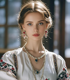 Woman with long hair and blue eyes wearing an embroidered dress and jewelry