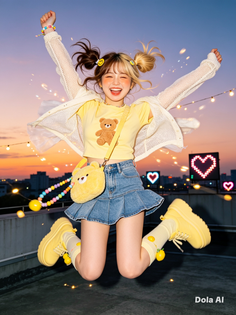 Young woman jumping on a rooftop at sunset with a cityscape background