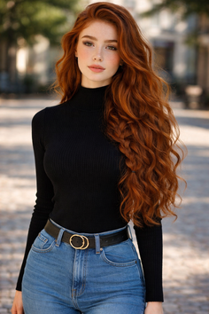 Woman with long red hair and freckles wearing a black turtleneck and blue jeans outdoors