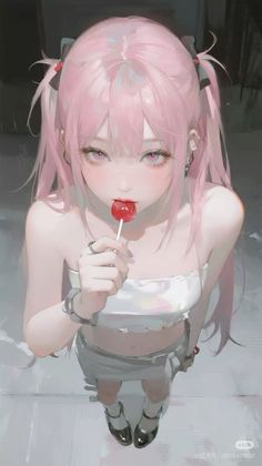 Anime girl with pink pigtails holding a lollipop, viewed from a high angle