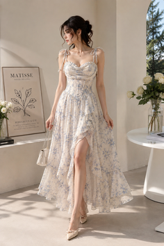Woman in a floral dress with a high slit and heels indoors