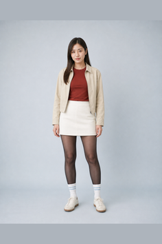 Woman in a beige jacket, mini skirt, and black tights posing in a studio