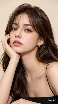 Woman with long dark hair and a black top, resting her chin on her hand