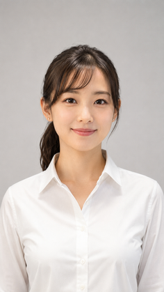 Woman in a white collared shirt with dark hair in a ponytail, smiling at the camera
