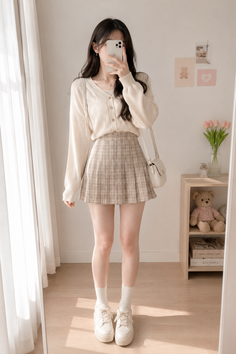 Woman in a plaid skirt and cardigan taking a mirror selfie indoors