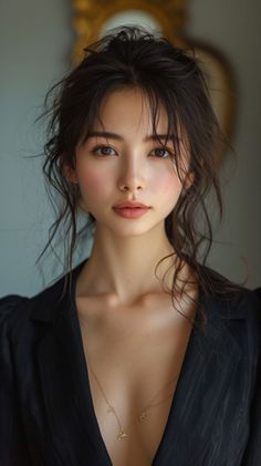 Woman with a messy bun and a black top with a deep V-neckline