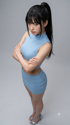 Woman in a light blue crop top and mini skirt with arms crossed