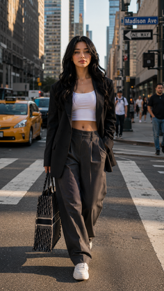 Woman in a black blazer and wide leg pants walking on a city crosswalk