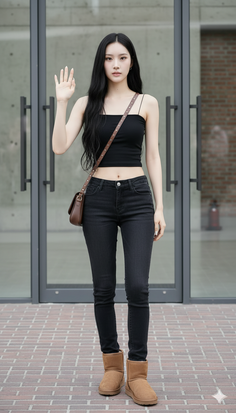 Woman with long black hair in a black crop top and jeans standing outdoors