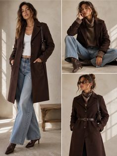 Woman modeling a brown coat in various poses and outfits indoors