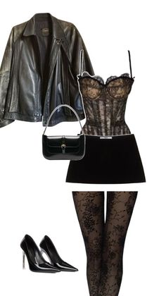 Fashion flat lay featuring a black leather jacket, lace corset, and mini skirt