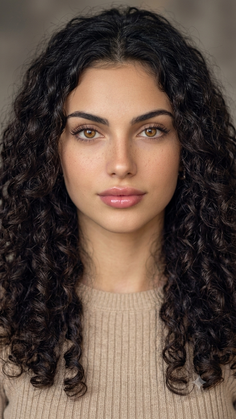 Woman with long curly hair and brown eyes wearing a beige sweater