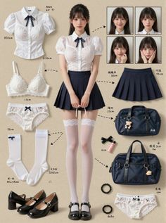 Woman in a school uniform with various clothing items displayed around her