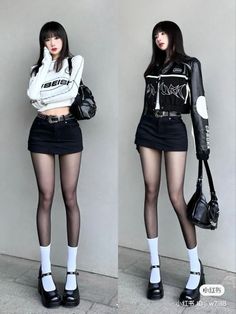 Woman in two outfits featuring a mini skirt, tights, and mary jane shoes