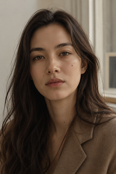 Woman with long brown hair wearing a brown jacket, captured in soft natural light