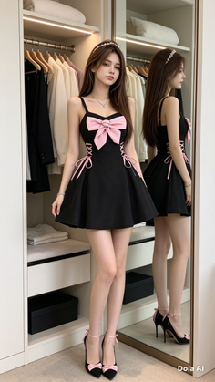Woman in a black dress with pink bows and heels standing in a closet