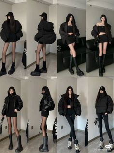 Multiple full body shots of women in various black outfits with puffer jackets