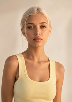 Woman with blonde hair in a yellow tank top with soft lighting