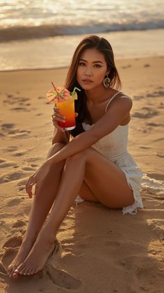 Woman in a white dress sitting on a beach at sunset, holding a cocktail