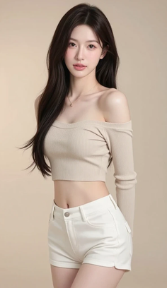 Woman with long dark hair wearing an off-shoulder crop top and white shorts